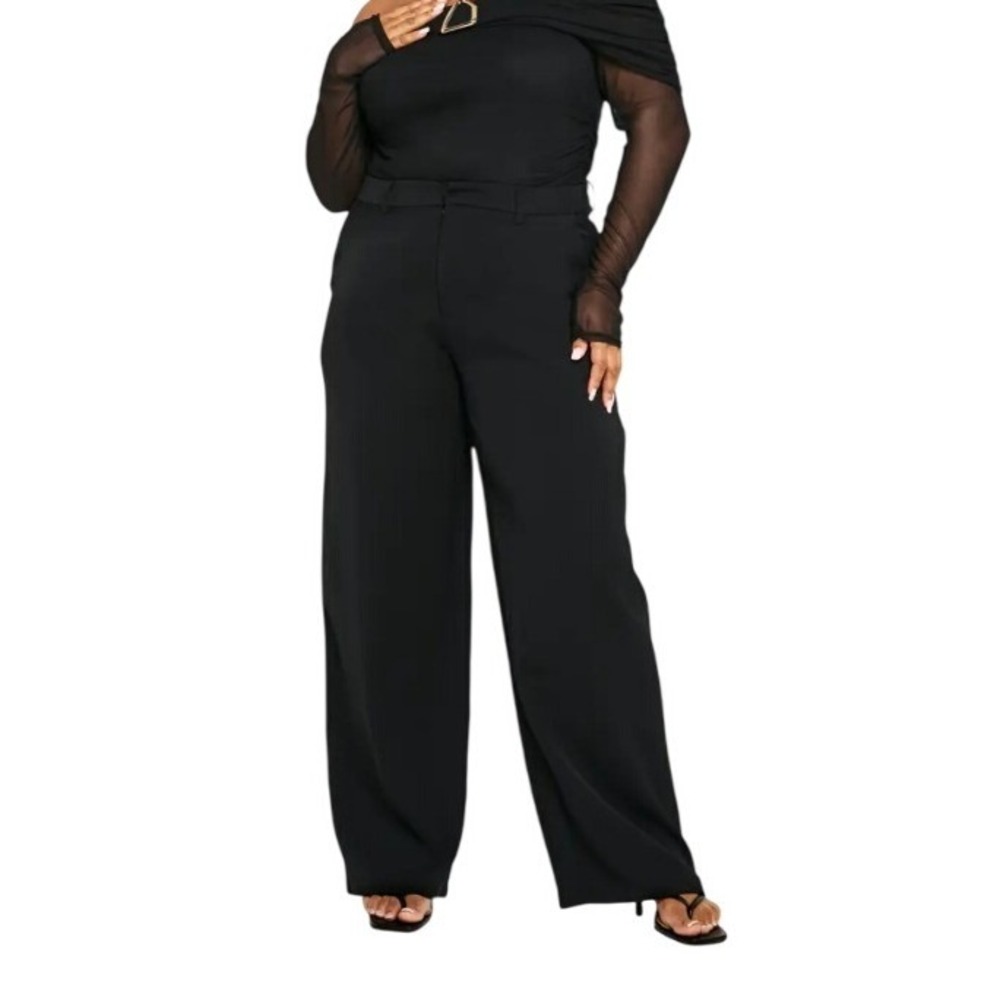 Boohoo Plus Tailored Wide Leg Trouser Black High Waist Side Zip Size 12 NEW